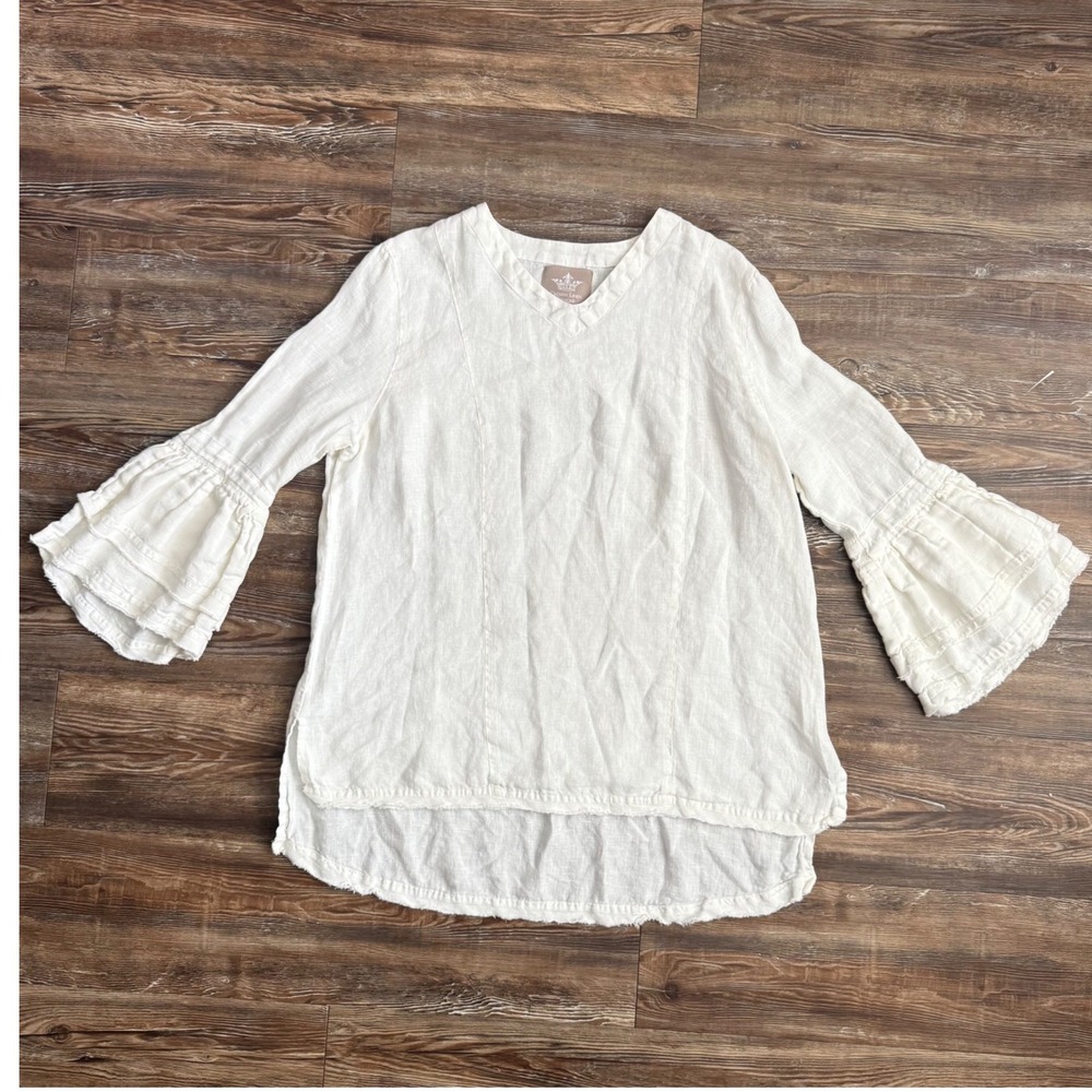 Crown Linen Designs White Linen V-Neck Tiered Bell Sleeve Blouse XL High Low Hem
